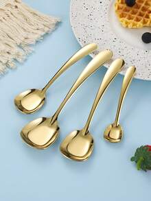 4pcs Stainless Steel Long Handle Square Flat Spoons, Korean Style Dessert Spoons - View 3