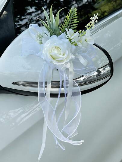 婚车装饰花，人造花蝴蝶结装饰，适用于门把手和后视镜，花束婚礼椅装饰