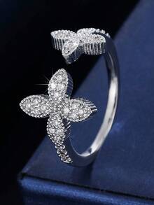 1pc Adjustable Lucky Four-Leaf Clover Double Flower Open Ring, Micro-Inlaid Zirconia, Delicate & Luxurious, Suitable For Daily Wear - Open Ring - View 7