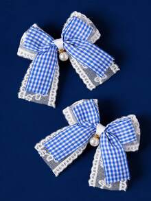 2pcs Girls' School Style Lace Bow Pearl Hair Clips, Suitable For Campus And Daily Use - Navy Blue - View 7