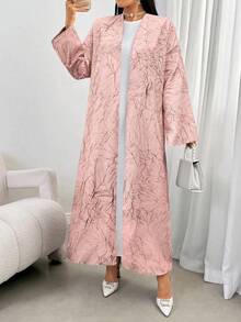 Elegant Jacquard Long Sleeve Abaya Robe - Muslim Women Summer Outerwear - Pink - View 5