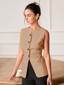Áo vest không tay ôm sát, thanh lịch, quyến rũ, phong cách cổ điển dành cho nữ, áo croptop công sở thường ngày, thích hợp cho mùa xuân/hè. - màu nâu - Xem 5