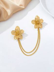 1pc Fashionable Premium Metal Plumeria Pendant Tassel Chain Brooch Suitable For Women's Daily And Formal Occasions - Golden - View 5