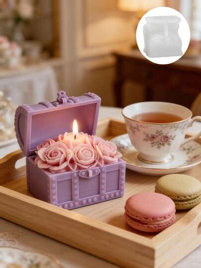 玫瑰宝箱香氛蜡烛硅胶模具 - 3D立体浮雕设计 - 适用于手工皂、石膏、树脂 - DIY蜡烛杯装饰 - 推荐用于情人节、生日、家居及婚礼装饰，经久耐用