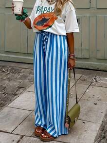 Women's Blue & White Striped Woven Wide Leg Casual Beach Pants, Spring/Summer - White - View 1