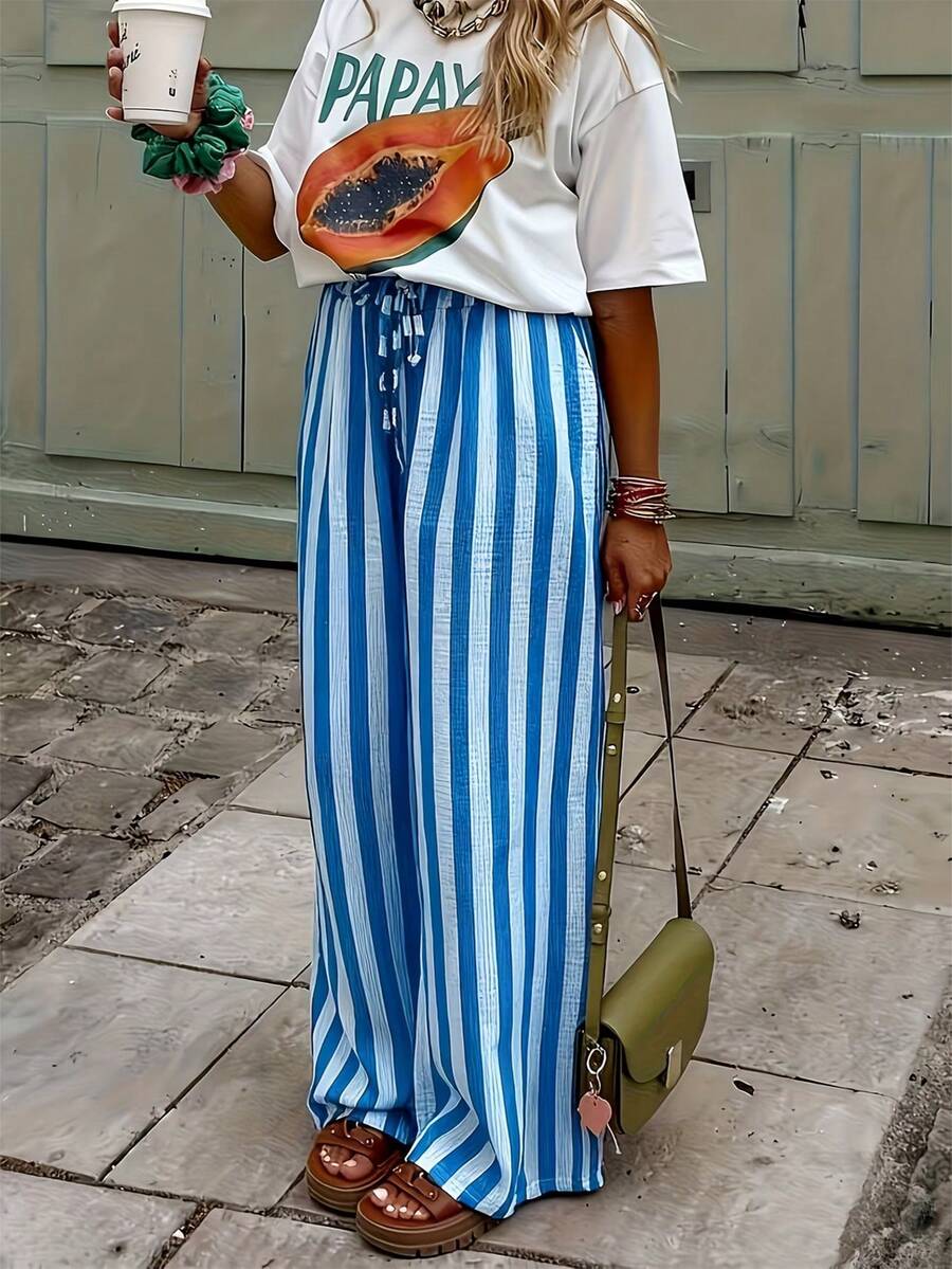 Women's Blue & White Striped Woven Wide Leg Casual Beach Pants, Spring/Summer - White - View 1