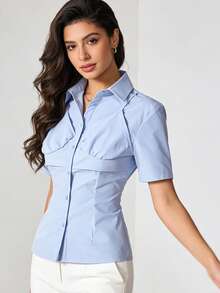 1 pieza Camisa de manga corta con botones de unicolor para mujer, para oficina, uso diario, festivales, verano, camisa azul - Azul - Ver 1