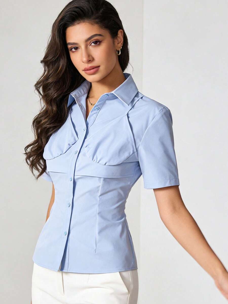 1 pieza Camisa de manga corta con botones de unicolor para mujer, para oficina, uso diario, festivales, verano, camisa azul - Azul - Ver 1