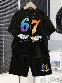 2pcs/Set Young Boy Numeric Print Round Neck Short Sleeve T-Shirt And Shorts Casual Outfit - màu đen - Xem 1