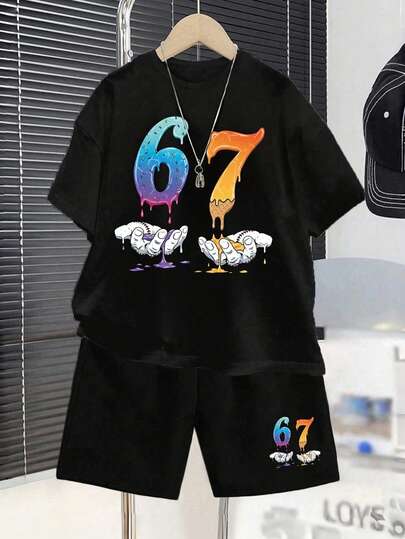 2pcs/Set Young Boy Numeric Print Round Neck Short Sleeve T-Shirt And Shorts Casual Outfit