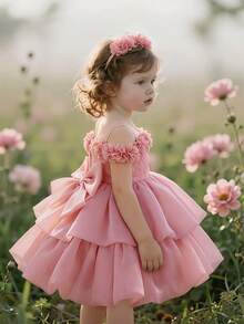 Baby Girls Sleeveless Lace Ruffled Back Bow Organza Cute Puff Flower Girl Dress, Suitable For Wedding, Birthday Party, Outing - Dusty Pink - View 3