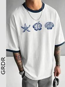 Camiseta estampada minimalista para hombres GRDR - Cuello de contraste retro de manga corta, cómoda y transpirable para el verano - Blanco - Ver 4