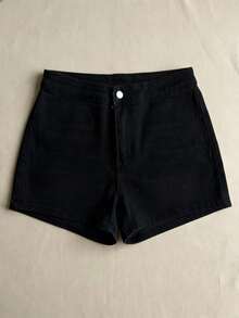 Pantalones cortos de mezclilla de cintura media con estiramiento, ajuste clásico lavado, con botón, cremallera, bolsillos prácticos, jeans casuales - Negro - Ver 5