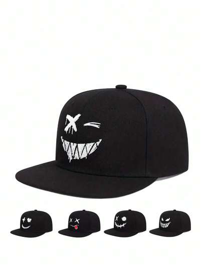 1顶绣有笑脸图案的平沿棒球帽，可调节，户外防晒休闲帽，个性刺绣，街头时尚，户外旅行，春秋季