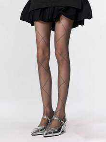 1 Pair Black/White/Beige/Grey Thin Metallic Criss-Cross Fishnet Stockings, Sexy For Spring/Summer - Multicolor - View 13