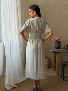 Lily House Summer Elegant Commuting V-Neck Cinched Waist Bat Sleeve Top + A-Line Skirt Two Pieces Set, Daily Elegant Casual Commuting Brunch Garden Party - Gray Apricot - View 4