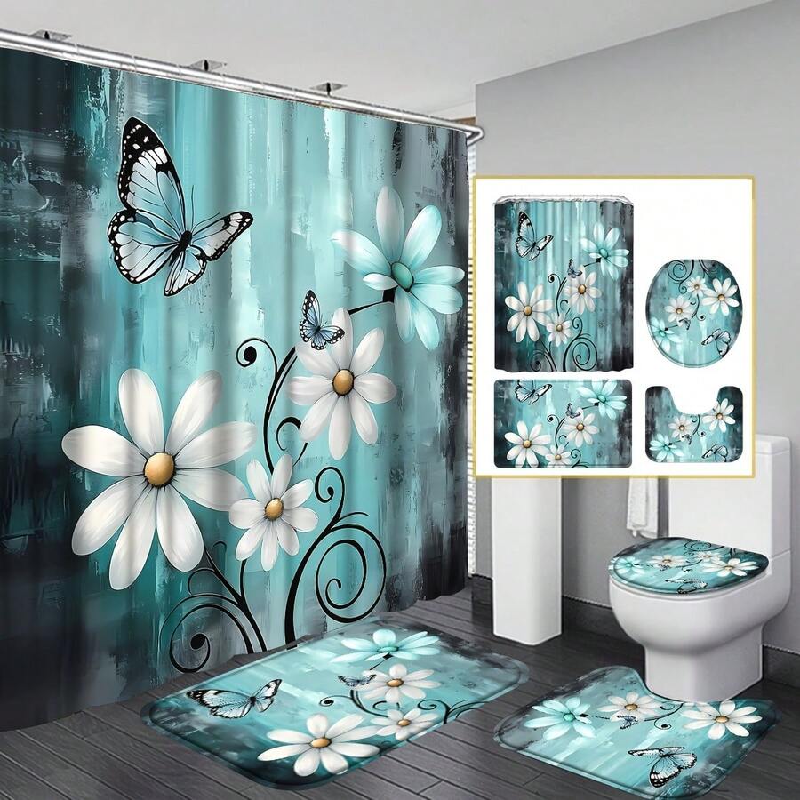 [Rustic Shower] 4pcs Rustic Farmhouse Shower Curtain Set Farm Teal Daisy Floral Bathroom Set With Non-Slip Rugs, U-Shaped Mat, Toilet Seat Cover, Machine Washable Shower Curtain With 12 Hooks, Country Wooden Design With Flowers And Butterflies