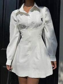 Women Summer Solid Zipper Front Casual Versatile Jumper Dress White Dresses,Summer Dresses Women,Tea Party Dress,White Graduation Dress,Business Casual Woman - trắng - Xem 4