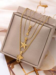 3件套18K镀金不锈钢海洋度假风叠戴项链套装，海星和鱼尾吊坠，简约颈链，适合日常佩戴 - 彩色 - 查看 6