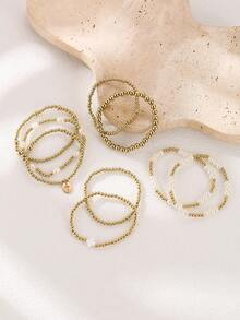 9件套 时尚CCB金色珠子，仿珍珠，多层弹力手链套装，可叠戴，十字架吊坠，女士手链，日常、度假、派对饰品 - 金黃色 - 查看 3