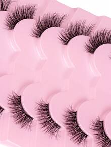 7对短款3D半条仿貂毛假睫毛，透明梗，猫眼款式，自然妆效 - 黑色 - 查看 3