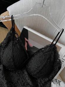 性感蕾丝V领带垫吊带背心，优雅短款设计，修身显瘦，露背设计，休闲黑色 - 黑色 - 查看 8