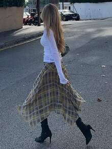 Spring/Summer Women's High Waist Asymmetric Plaid A-Line Skirt, Casual Daily Wear, Retro Leisure Skirt - Multicolor - View 4