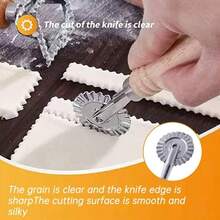 Pastry Cutter Wheel With Roller Pasta, Ravioli, Pizza, Dumplings, And Noodles - Zinc Alloy, Wooden Handle, Fluted Design, Versatile Kitchen - Silver - View 9