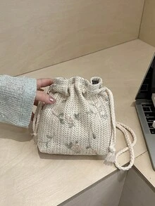 Bolso de paja tejido en diagonal de un solo hombro, bolso de cubo de playa para mujer - Beis - Ver 2