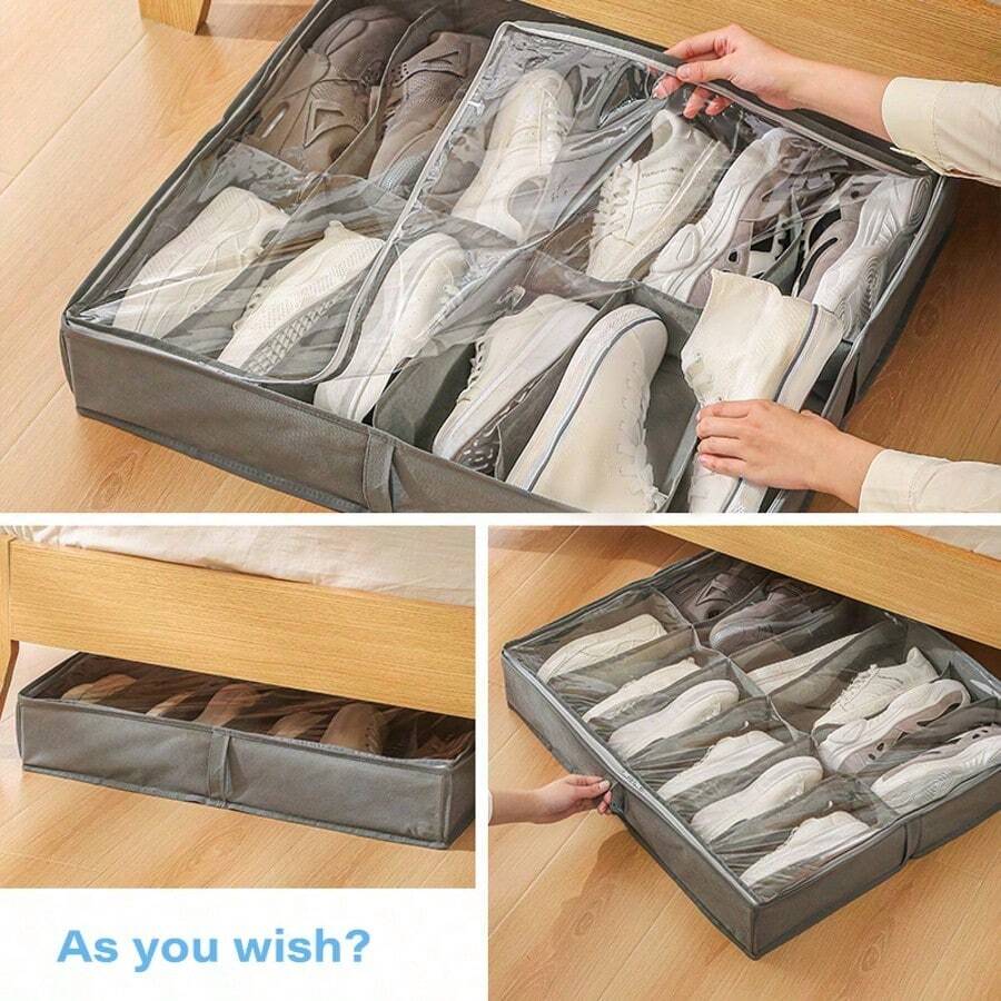 2pcs 12-Slot Transparent Shoe Storage Bags - Dustproof & Moisture-Proof, Underbed Storage Organizer, Washable Polyester Material, Bedside Storage, Underbed Storage - Multicolor - View 1