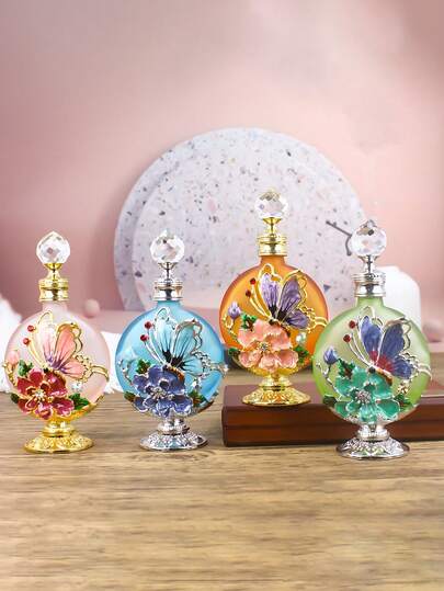 زجاجة مزخرفة بالفراشة والوردة بسعة 30 مل، قابلة لإعادة التعبئة، زجاجة عناية شخصية محمولة لزيت العطور، ديكور عربي أنيق للمنزل والحفلات والهدايا الفاخرة (العطر غير مشمول، زجاجة فارغة فقط) + طقم إعادة تعبئة زيت عطري