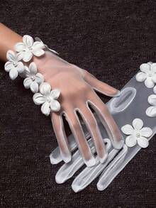 kumozawa 1 双新娘婚纱手套，简约白色珍珠花朵短款仪式拍摄手套 - 查看 1