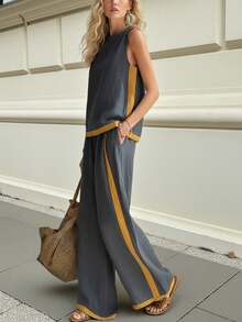 Luxury Linen Blend Contrasting Dark Gray Yellow Edge Sleeveless Top+Loose Wide Leg Pants Women's Casual Suit | Luxury Minimalist Fashion Temperament Personalized Style Suitable For Spring And Summer Daily Street And Leisure Commuting Occasions Styling - Black and Gray - View 1