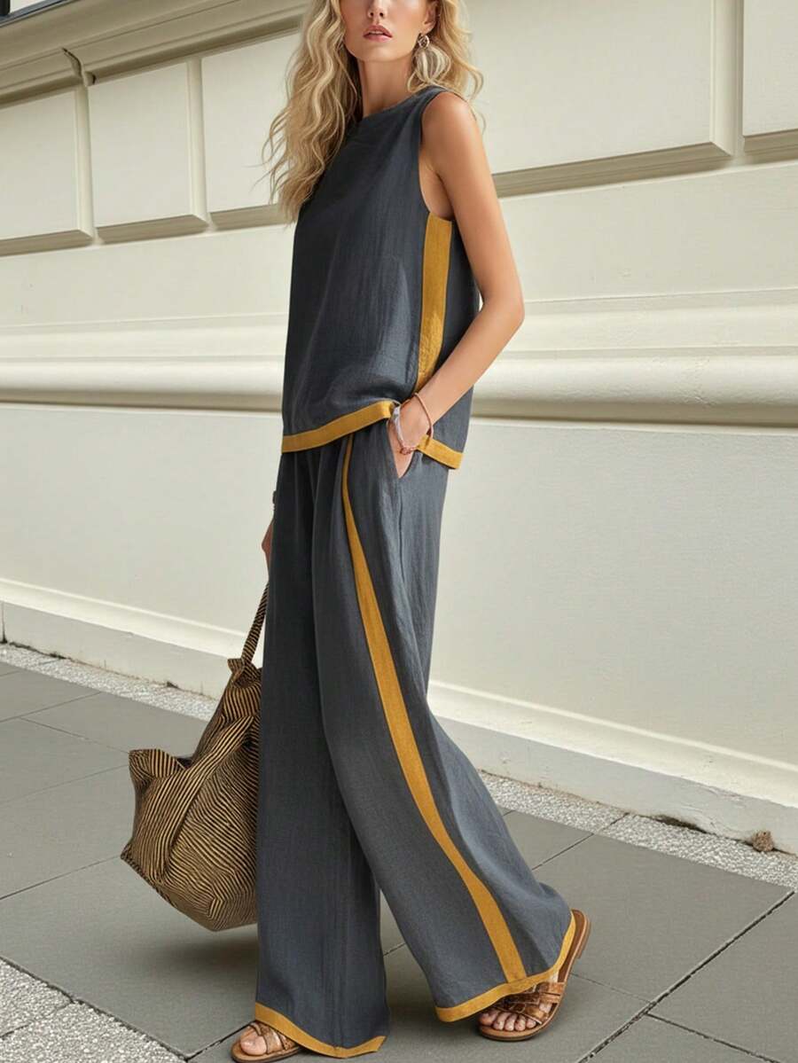 Luxury Linen Blend Contrasting Dark Gray Yellow Edge Sleeveless Top+Loose Wide Leg Pants Women's Casual Suit | Luxury Minimalist Fashion Temperament Personalized Style Suitable For Spring And Summer Daily Street And Leisure Commuting Occasions Styling - Black and Gray - View 1