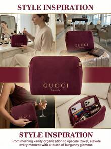 Gucci 1个中号酒红色天鹅绒拉链收纳包 - 奢华优雅风格，金色箔印Logo细节，长方形，多功能化妆包，适合日常使用和旅行 - 紅色 - 查看 2