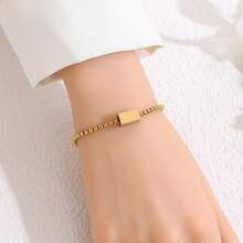 1 Pc Custom Name Stainless Steel Bracelet Multi-Faceted Engraving Pearl Chain Square Bracelet Plated 18k Gold - Multicolor - View 3