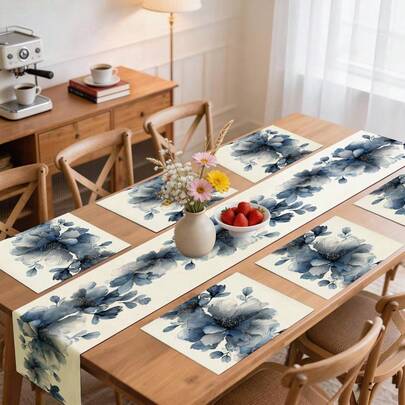 1 قطعة من طاولة الجري ذات نمط زهري أزرق، بطراز حديث، مناسبة لديكور المطبخ المنزلي اليومي، 1 قطعة من طاولة الجري، 4 قطع من أطباق الطاولة، 1 قطعة من غطاء الوسادة، طقم طاولة الجري وأطباق الطاولة، متوفرة تشكيلة متعددة من المنتجات، ديكور المنزل، لوازم حفلات داخلية/خارجية، ديكور الغرفة