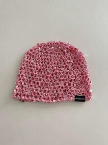 1pc Black Label With Sequin Lettering, Handmade Crochet Shiny Sequin Hollow Out Beanie Hat, Fashionable Retro Versatile Lightweight Breathable Knit Cap For Women, Spring/Summer - Multicolor - View 14