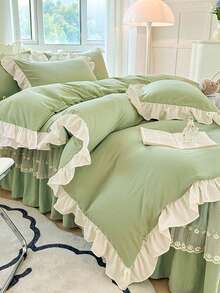 Bộ 1 vỏ chăn + 2 vỏ gối (không kèm ruột chăn), màu xanh bạc hà mềm mại và thoải mái, thiết kế tối giản với họa tiết xếp nếp, phù hợp cho phòng ngủ và phòng khách, có thể giặt máy, sử dụng được cả bốn mùa. - màu xanh lá - Xem 8