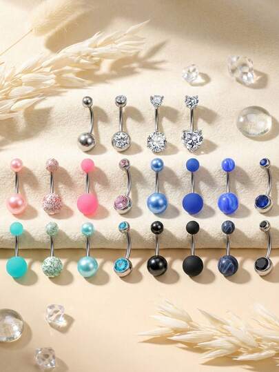 14G钛合金肚脐环，女士款，镶嵌锆石，螺丝钉肚脐环，人体穿刺饰品，圆形锆石肚脐环，男女通用