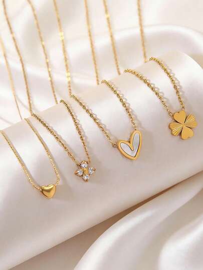 1pc/4pcs Elegant Minimalist Retro Style Heart-Shaped Four-Leaf Clover Stainless Steel Pendant Necklace, Suitable For Women To Wear To Parties, Daily Fashion, Commuting, Or As A Gift For Holidays