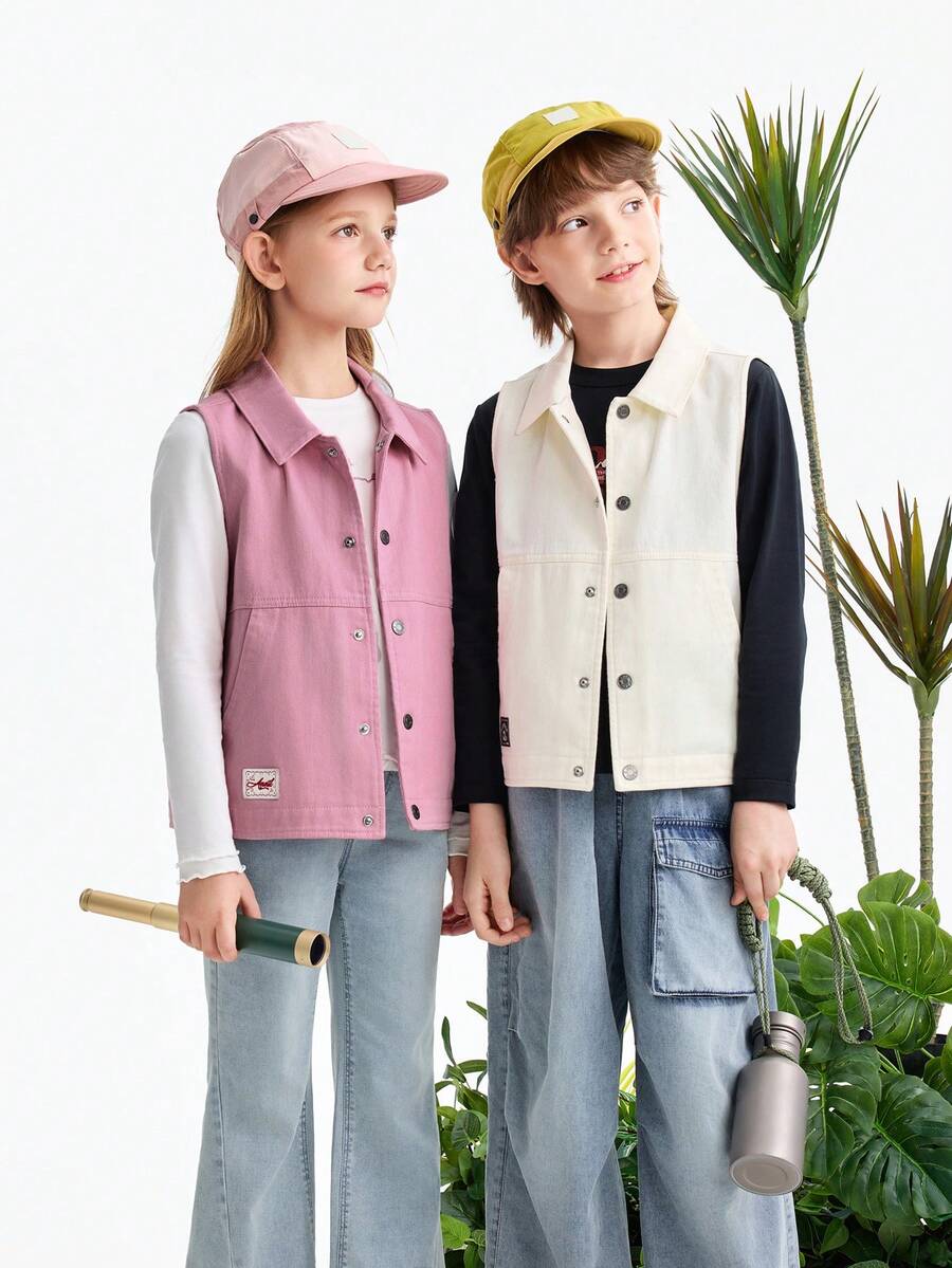 Annil 少女款男女通用棉质牛仔翻领背心，透气春季套装 - 梔子白 - 查看 1