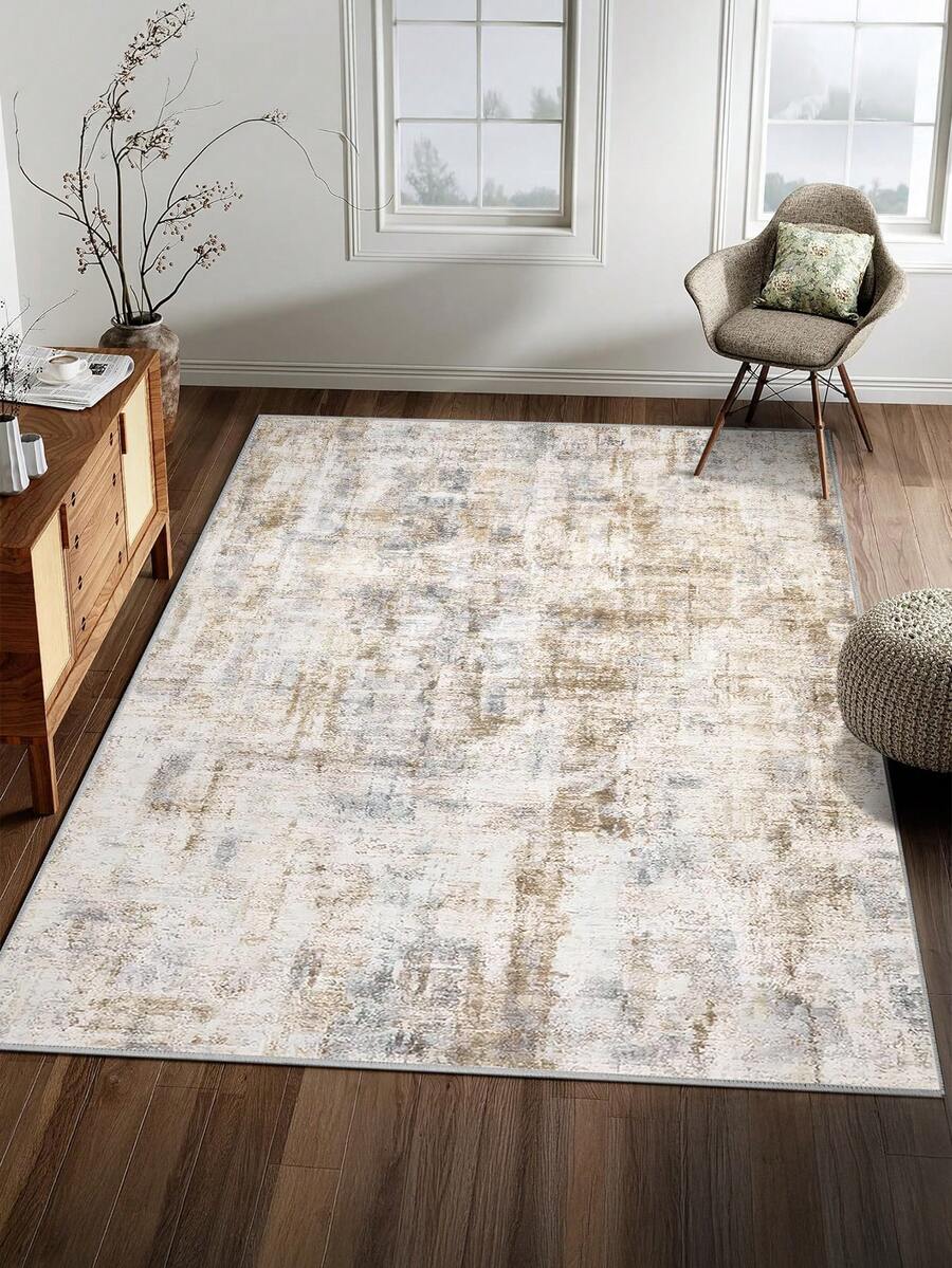 1pc Bohemian Style Beige Area Rug, Machine Washable Faux Wool, 1160 G/㎡, Suitable For Living Room, Bedroom, Kitchen, Office, Entryway