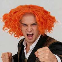 Short Vibrant Orange Curly Clown Cosplay Wig With Optional Eyebrows – Fun, Fluffy & Fabulous For Holiday, Circus & Party Costumes, Soft Synthetic Heat Resistant Fibers, Lightweight & Comfortable - One Size Fits Most - Easy To Style & Wear (Unisex) - Multicolor - View 6