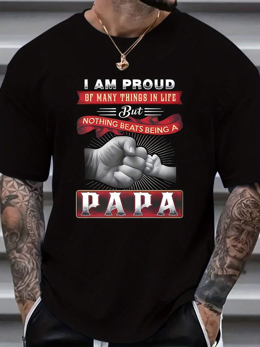 Camiseta gráfica de talla grande para hombres - Diseño "Papa", colisión de puños, texto rojo en negrita y cita inspiradora|Elasticidad cómoda, estilo casual de calle, adecuado para ropa casual, Talla Grande - Negro - Ver 1