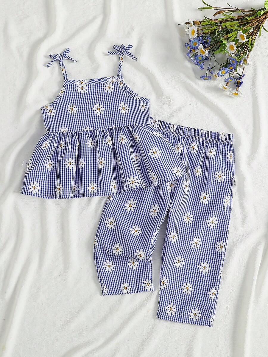 儿童轻便休闲家居服夏季宝宝背心和阔腿裤碎花套装，空调服 - 藍色 - 查看 1
