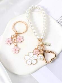 2pcs/Set Cute Pearl Keychains For Women, Flower Keychain Kit Faux Pearl Chain Key Chain Golden Car Key Chain Flower Keychain Charm For Girls Purse Bag Accessories - Keychain - View 3