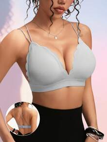 1件装女士交叉露背露乳沟支撑性感荷叶边文胸 - 灰色 - 查看 1