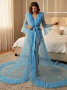 Women Summer Kimono Dress, Sheer Tulle V-Neck Long Flare Sleeves Floor-Length Night-Robe Lingerie - 藍色 - 查看 3