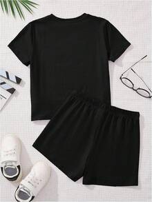 Girls 2 Piece Summer Outfit Cherry Bow Graphic Tee & Shorts Set Cute Casual Outfits - 黑色 - 查看 4